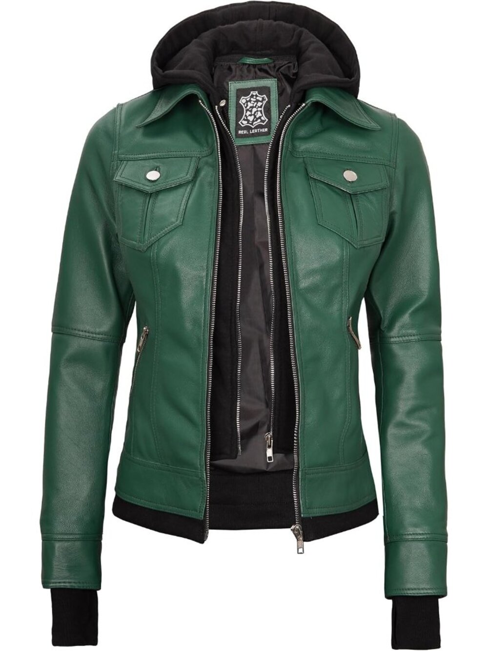 Women’s Green Real Leather Bomber Jacket Detachable Hood